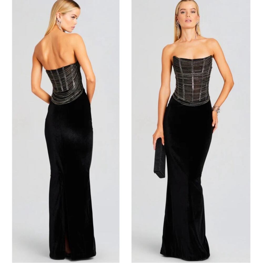 Retrofete Black Strapless Maxi Gown with Metallic Corset